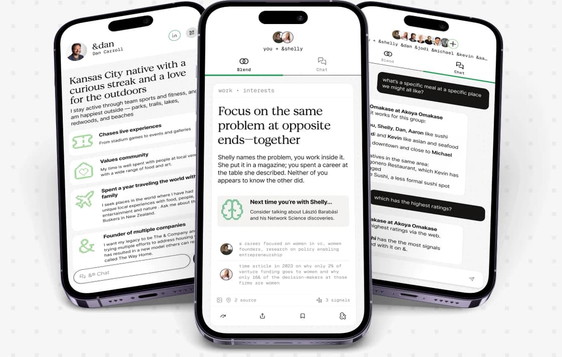 The & app showing a shared blend, a group chat and an andee's profile